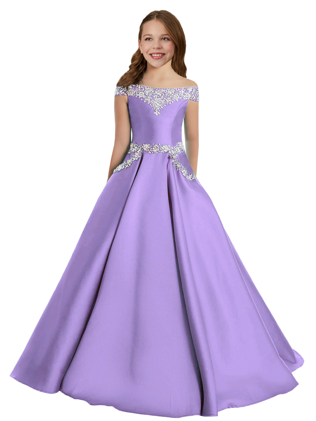 Lavender girls' off-the-shoulder satin A-line pageant dress with pockets