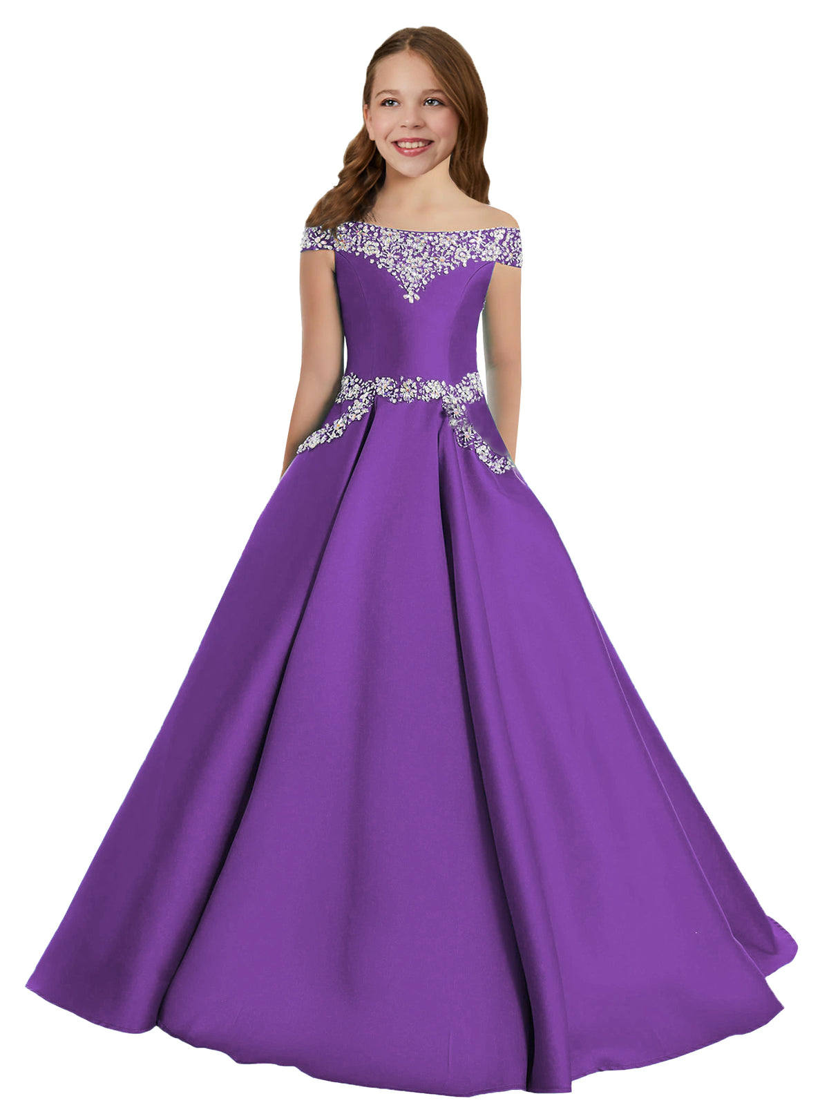 Light Purple girls' off-the-shoulder satin A-line pageant dress with pockets