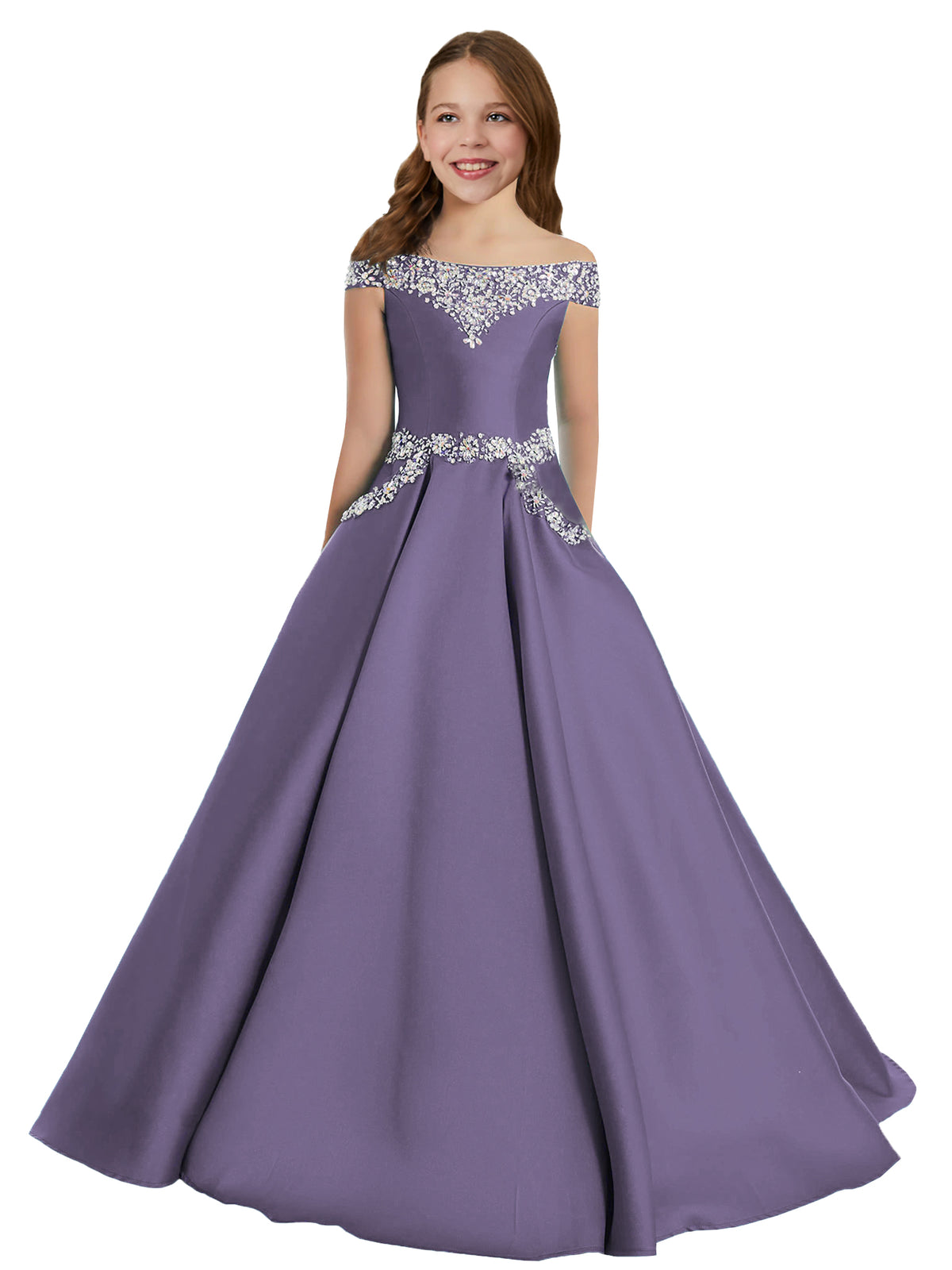 Mauve girls' off-the-shoulder satin A-line pageant dress with pockets