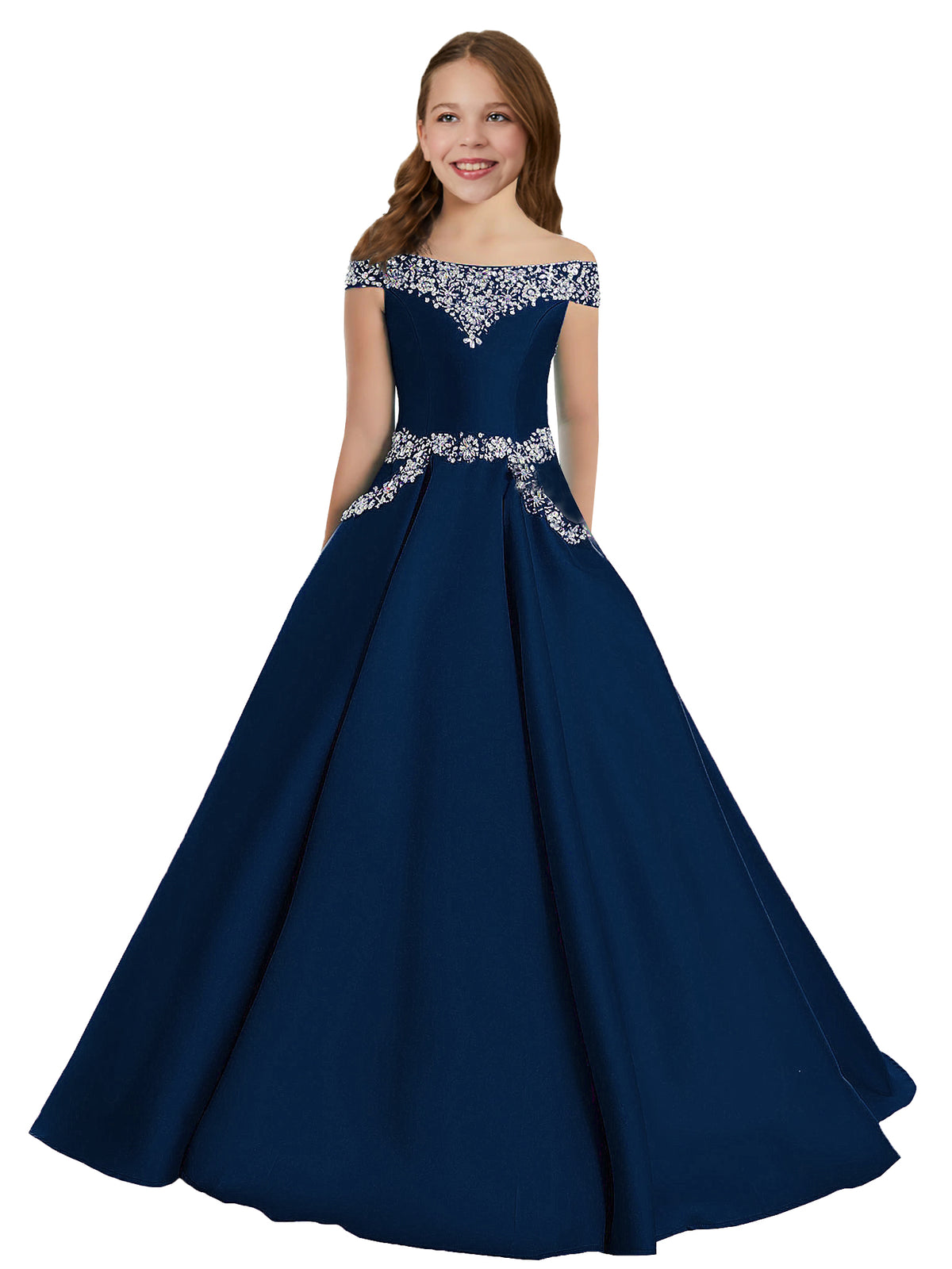 Navy Blue girls' off-the-shoulder satin A-line pageant dress with pockets