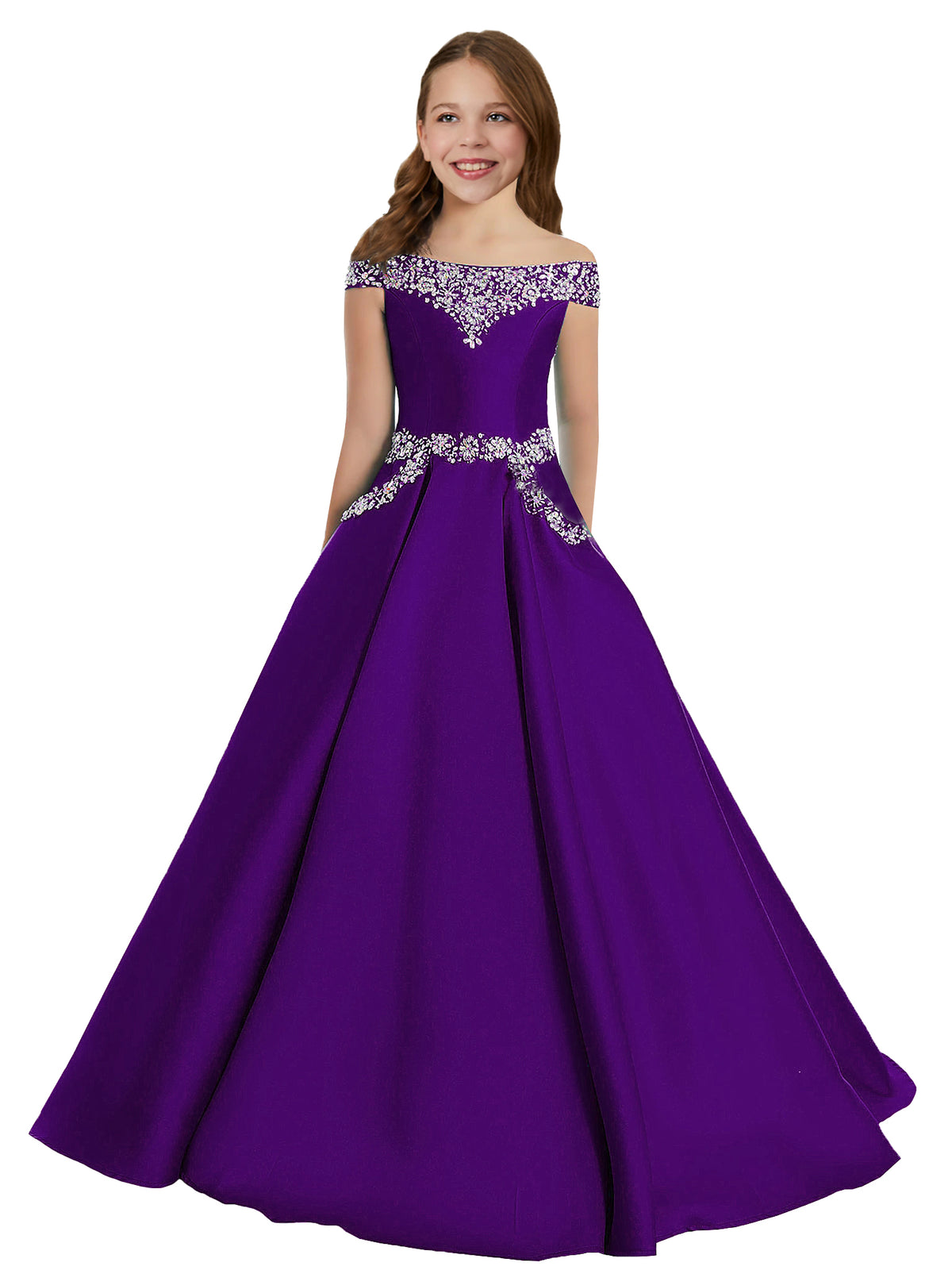 Purple girls' off-the-shoulder satin A-line pageant dress with pockets
