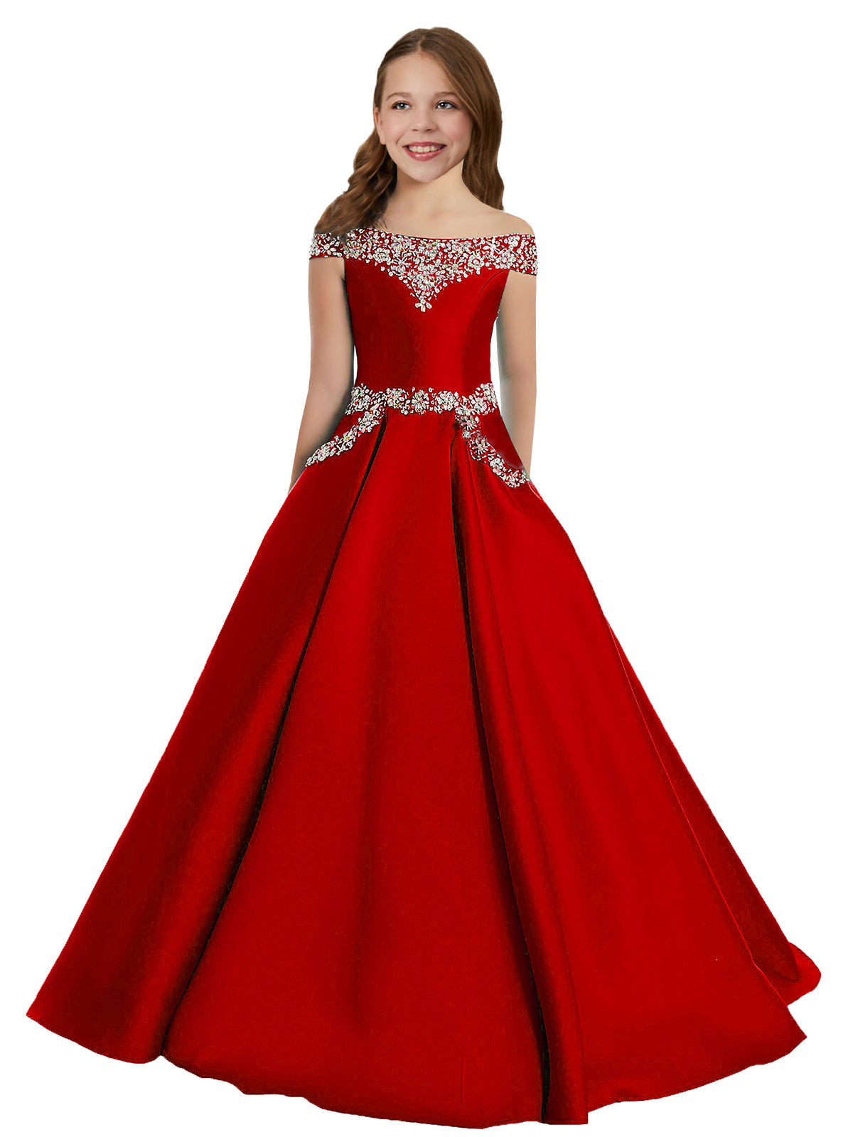 Red girls' off-the-shoulder satin A-line pageant dress with pockets