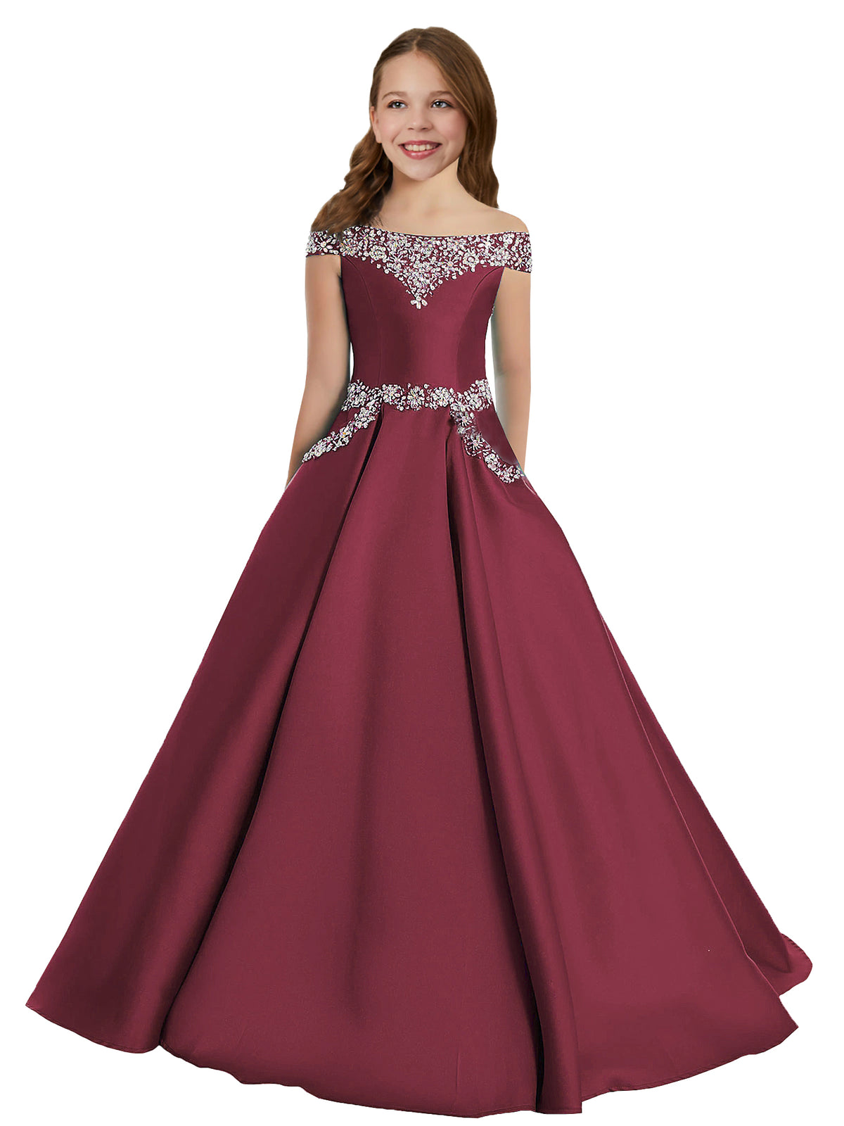 Rosewood girls' off-the-shoulder satin A-line pageant dress with pockets