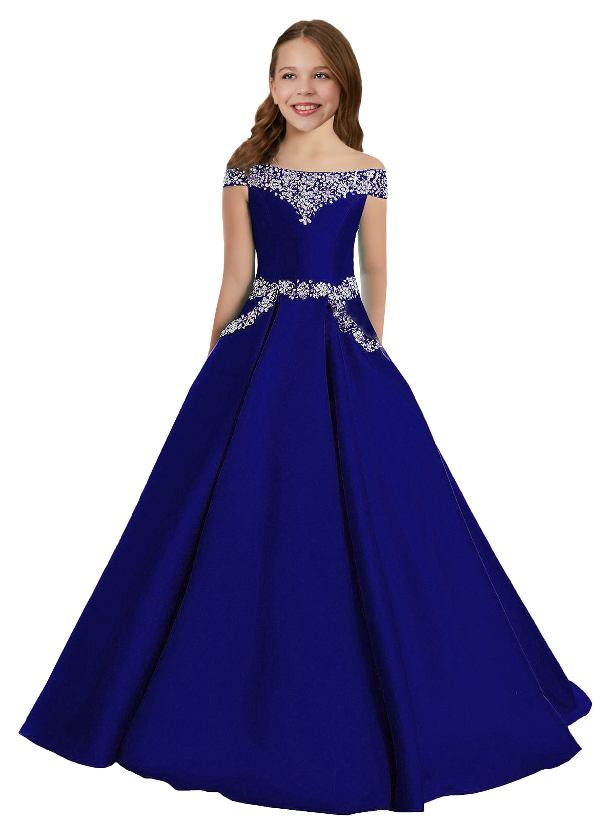 Royal Blue girls' off-the-shoulder satin A-line pageant dress with pockets