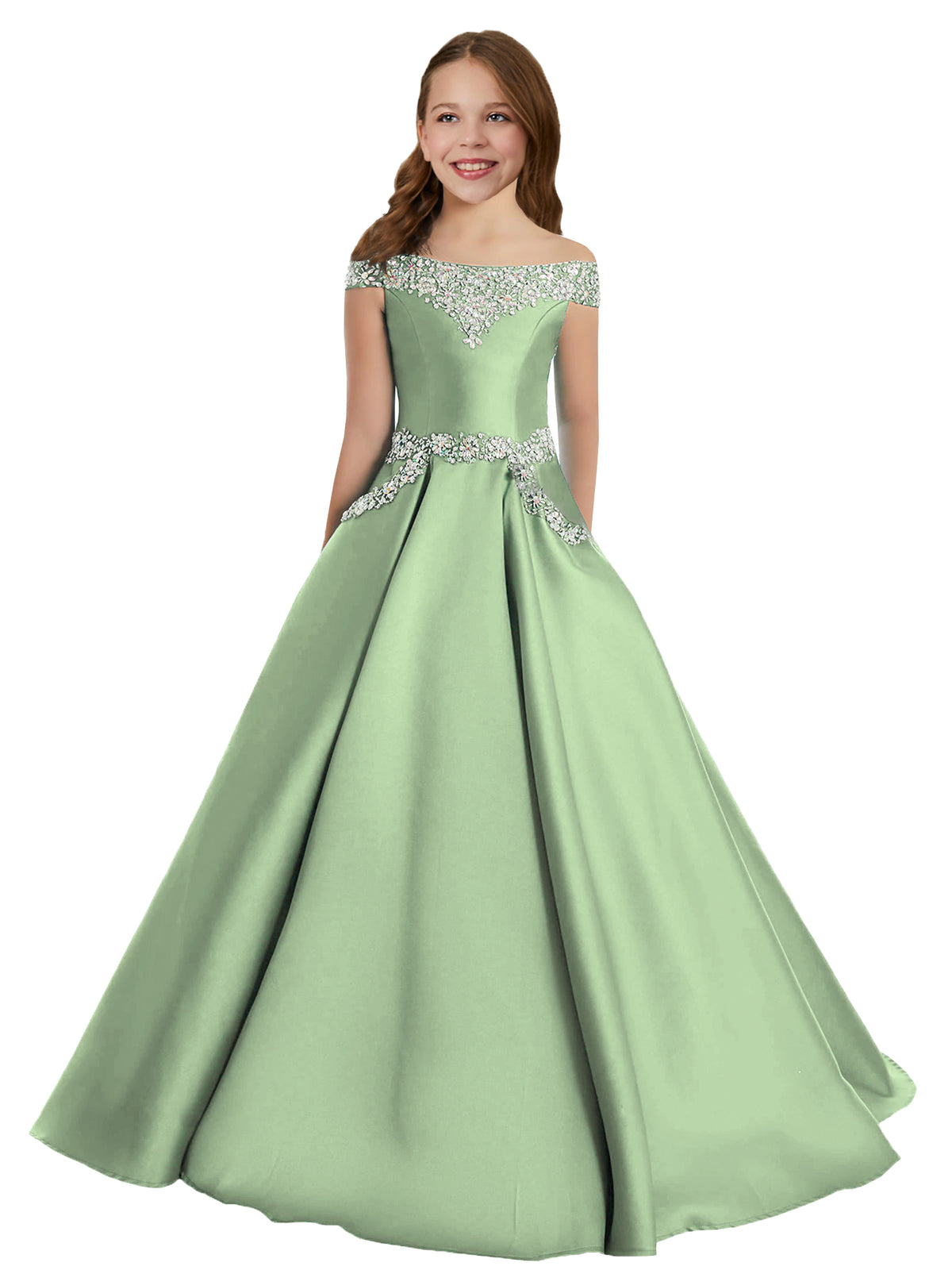 Sage Green girls' off-the-shoulder satin A-line pageant dress with pockets