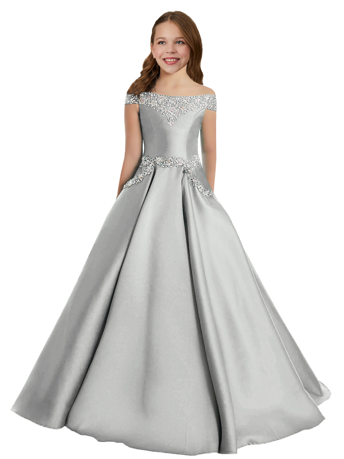 Silver girls' off-the-shoulder satin A-line pageant dress with pockets