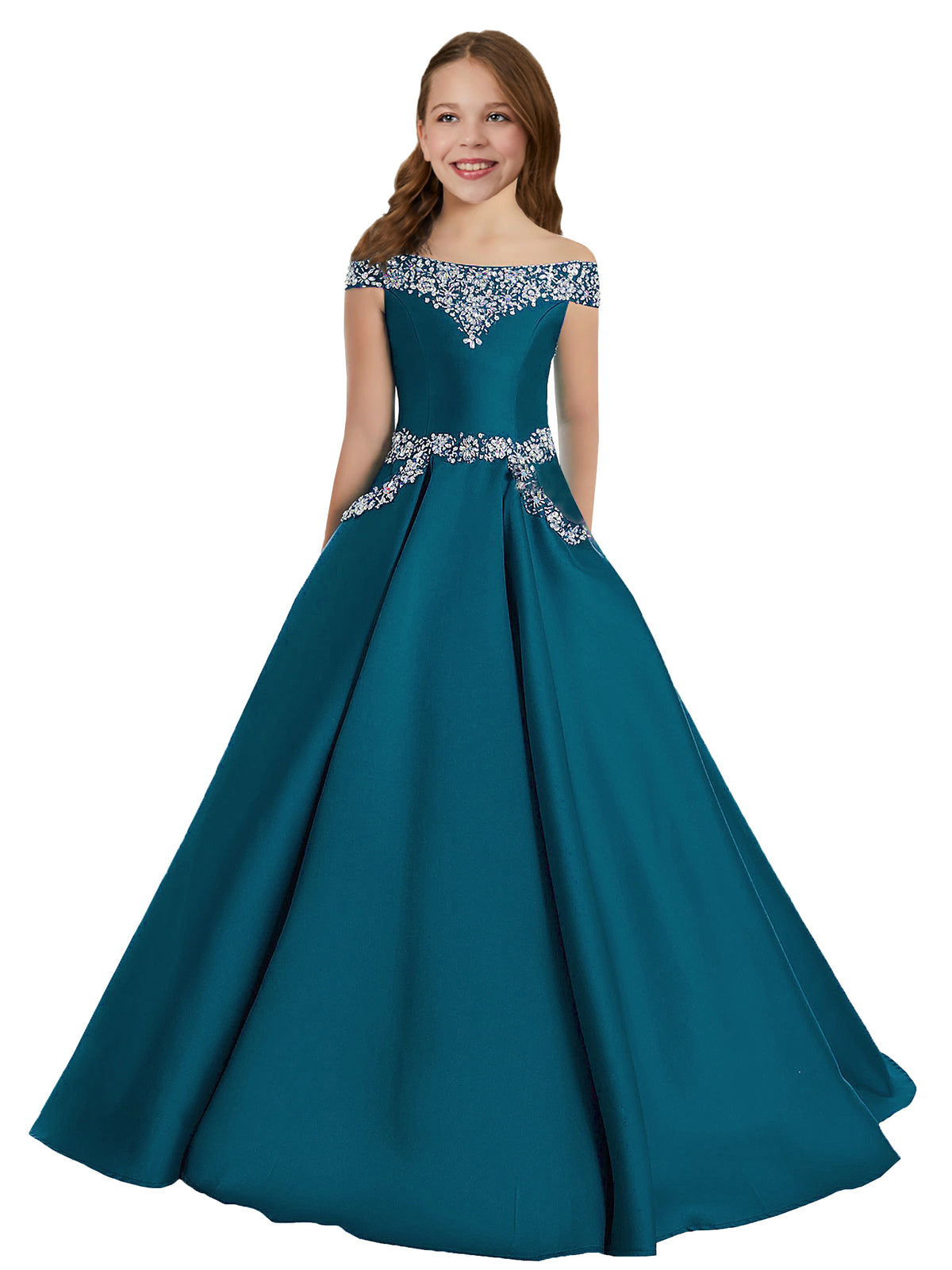 Teal girls' off-the-shoulder satin A-line pageant dress with pockets