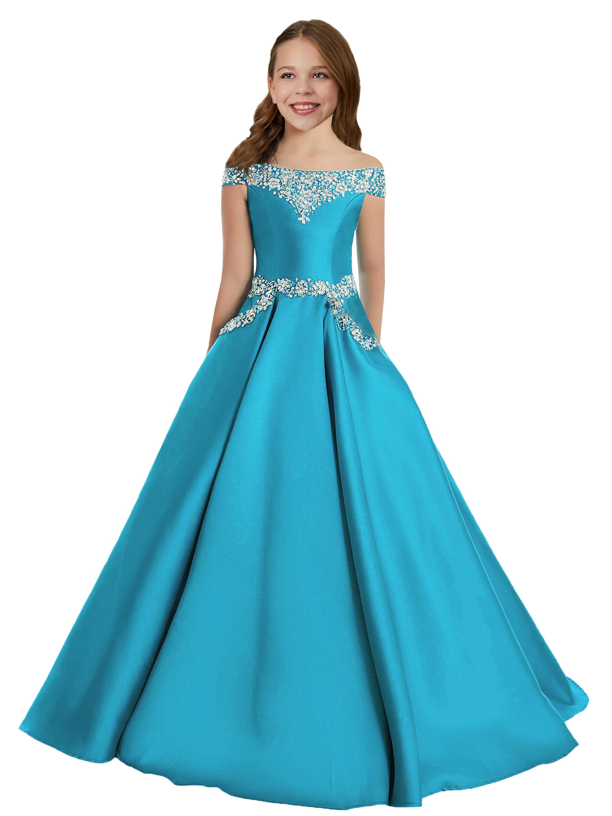 Turquoise girls' off-the-shoulder satin A-line pageant dress with pockets