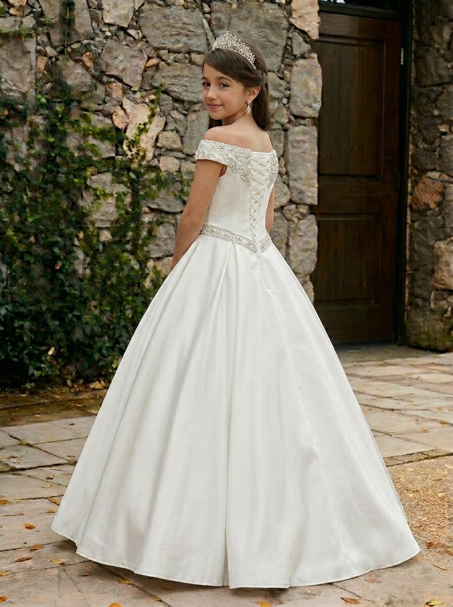 White girls' off-the-shoulder satin A-line pageant dress with pockets – view 02