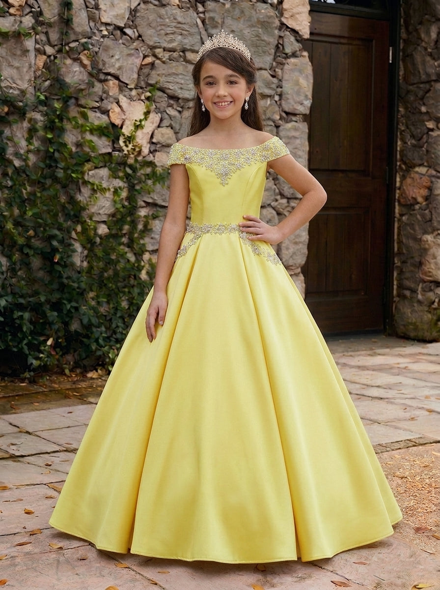 Yellow girls' off-the-shoulder satin A-line pageant dress with pockets