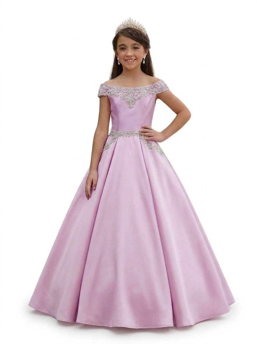 Baby Pink girls' off-the-shoulder satin A-line pageant dress with pockets