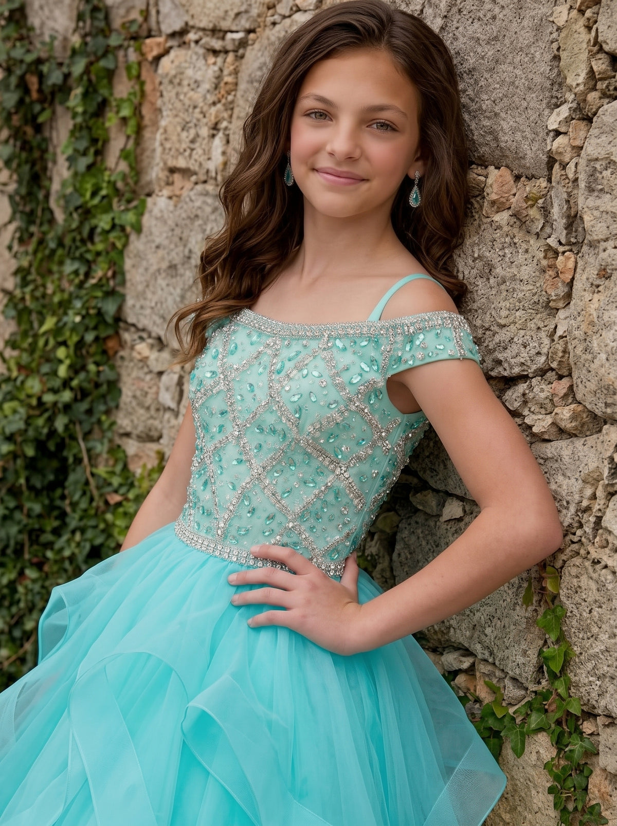 Girwem Aqua girls pageant dress outdoor half body - GRPD10005