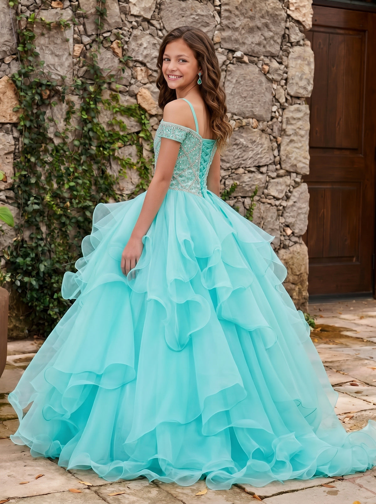 Girwem Aqua girls pageant dress outdoor side - GRPD10005