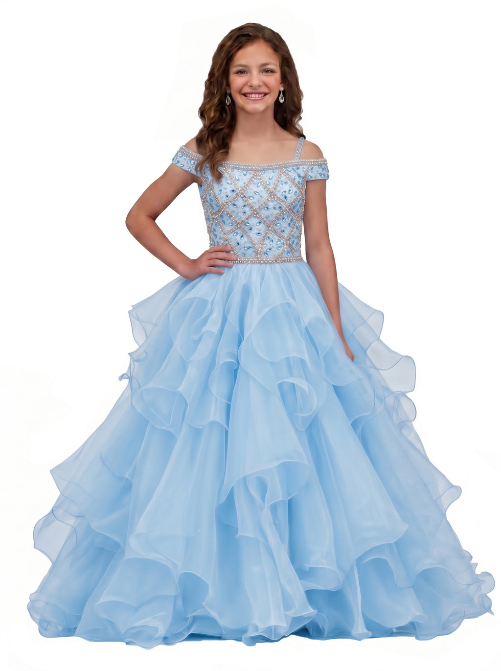 Girwem Baby Blue girls pageant dress studio front alternate - GRPD10005