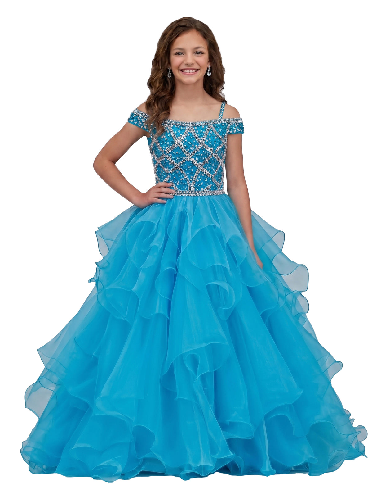 Girwem Ocean Blue girls pageant dress studio front - GRPD10005