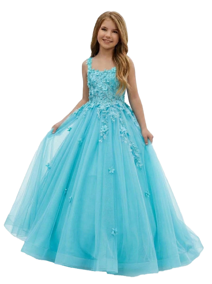 Girwem GRPD10004 Aqua girls pageant dress with 3D floral appliques and tulle ball gown skirt