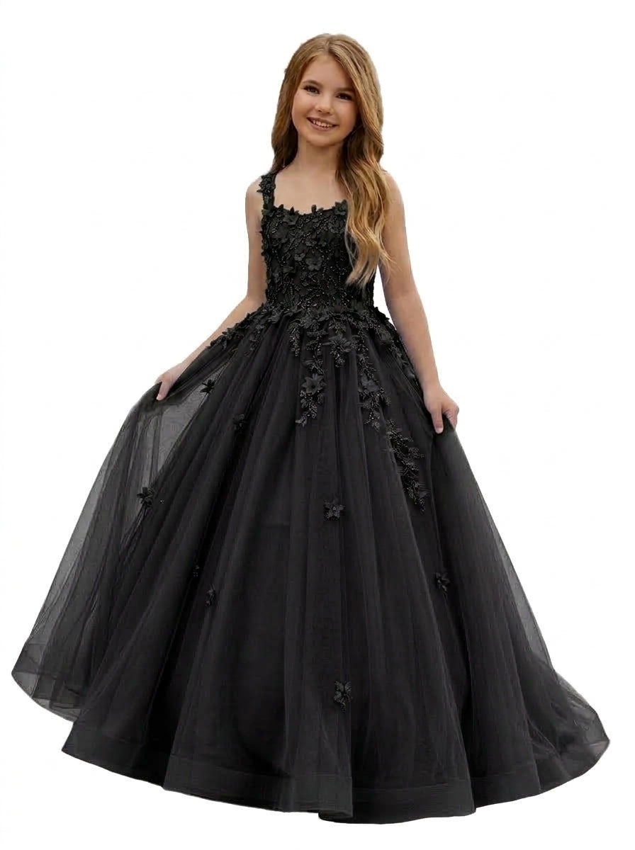 Girwem GRPD10004 Black girls pageant dress with 3D floral appliques and tulle ball gown skirt
