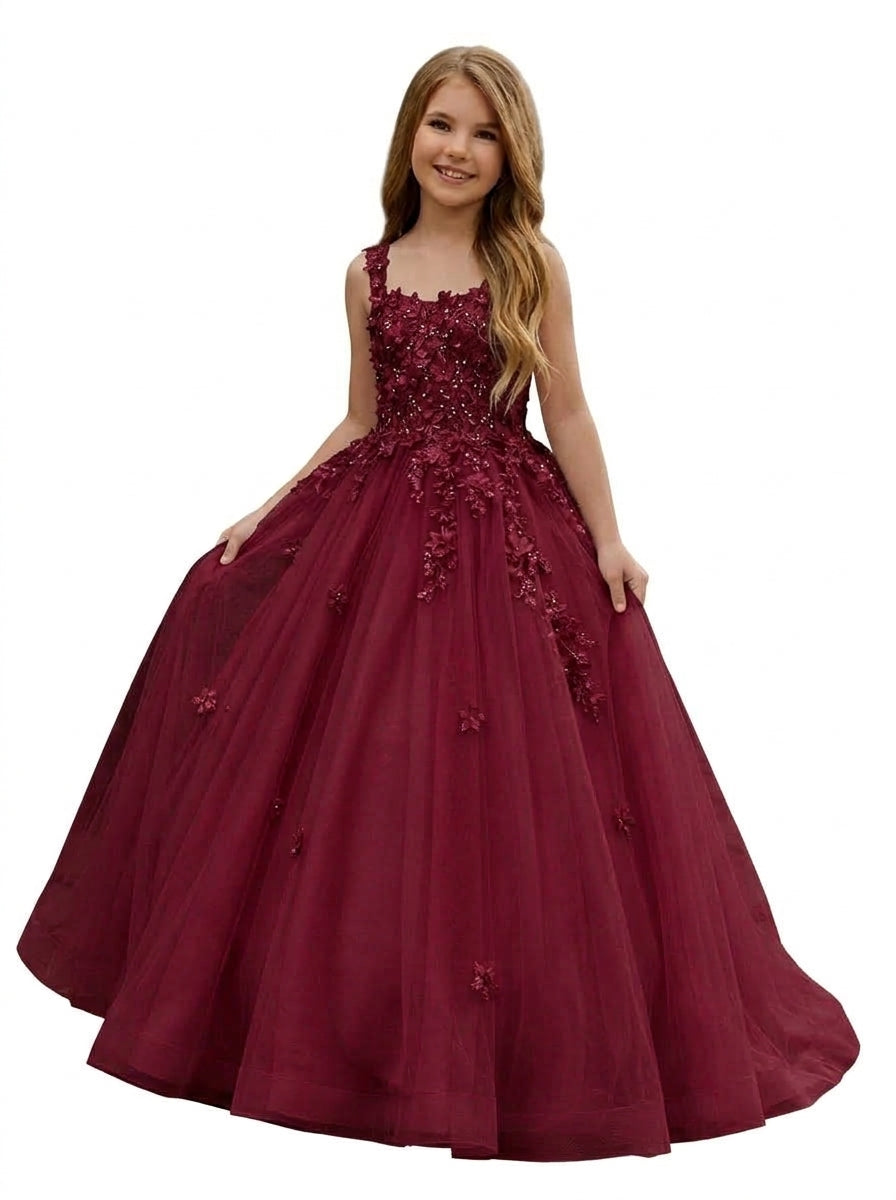 Girwem GRPD10004 Burgundy girls pageant dress with 3D floral appliques and tulle ball gown skirt