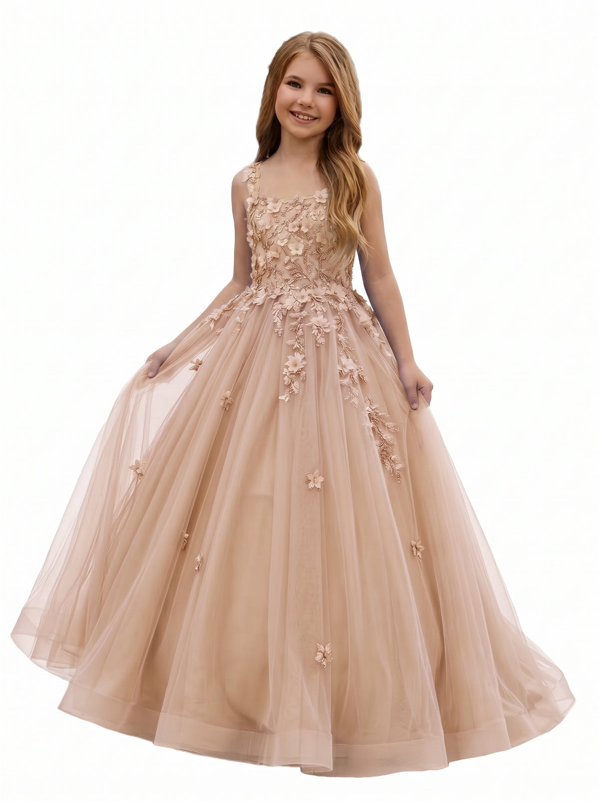Girwem GRPD10004 Champagne girls pageant dress with 3D floral appliques and tulle ball gown skirt