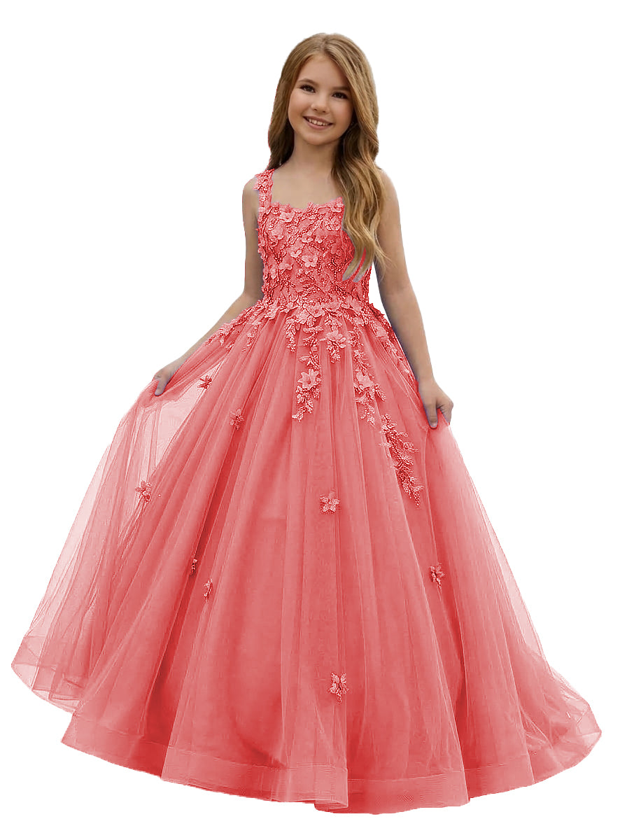 Girwem GRPD10004 Coral girls pageant dress with 3D floral appliques and tulle ball gown skirt