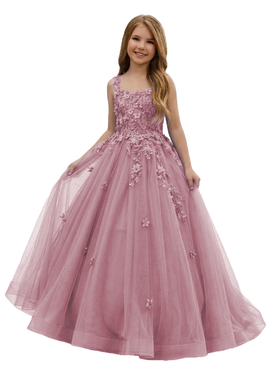 Girwem GRPD10004 Dusty Pink girls pageant dress with 3D floral appliques and tulle ball gown skirt