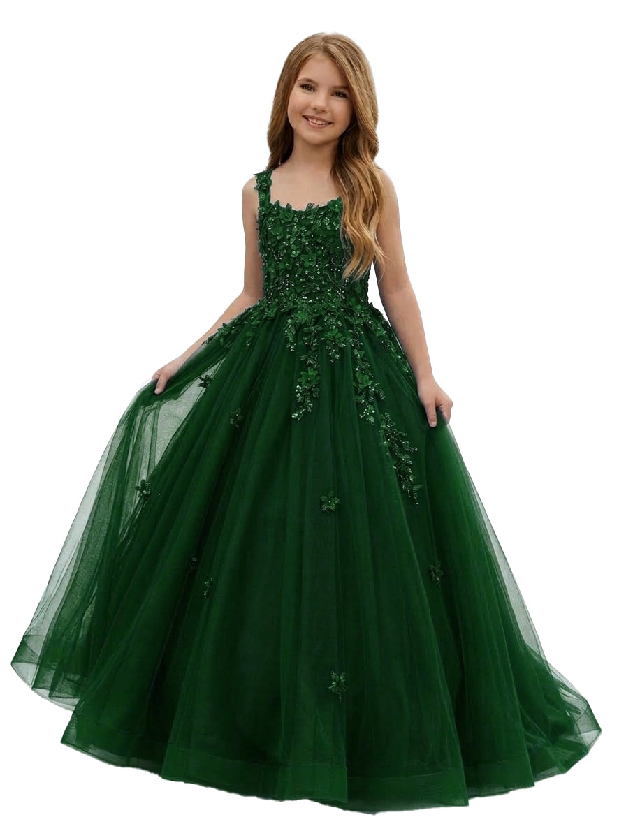 Girwem GRPD10004 Emerald Green girls pageant dress with 3D floral appliques and tulle ball gown skirt