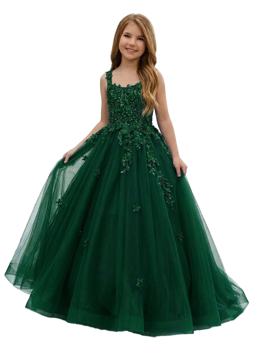 Girwem GRPD10004 Green girls pageant dress with 3D floral appliques and tulle ball gown skirt
