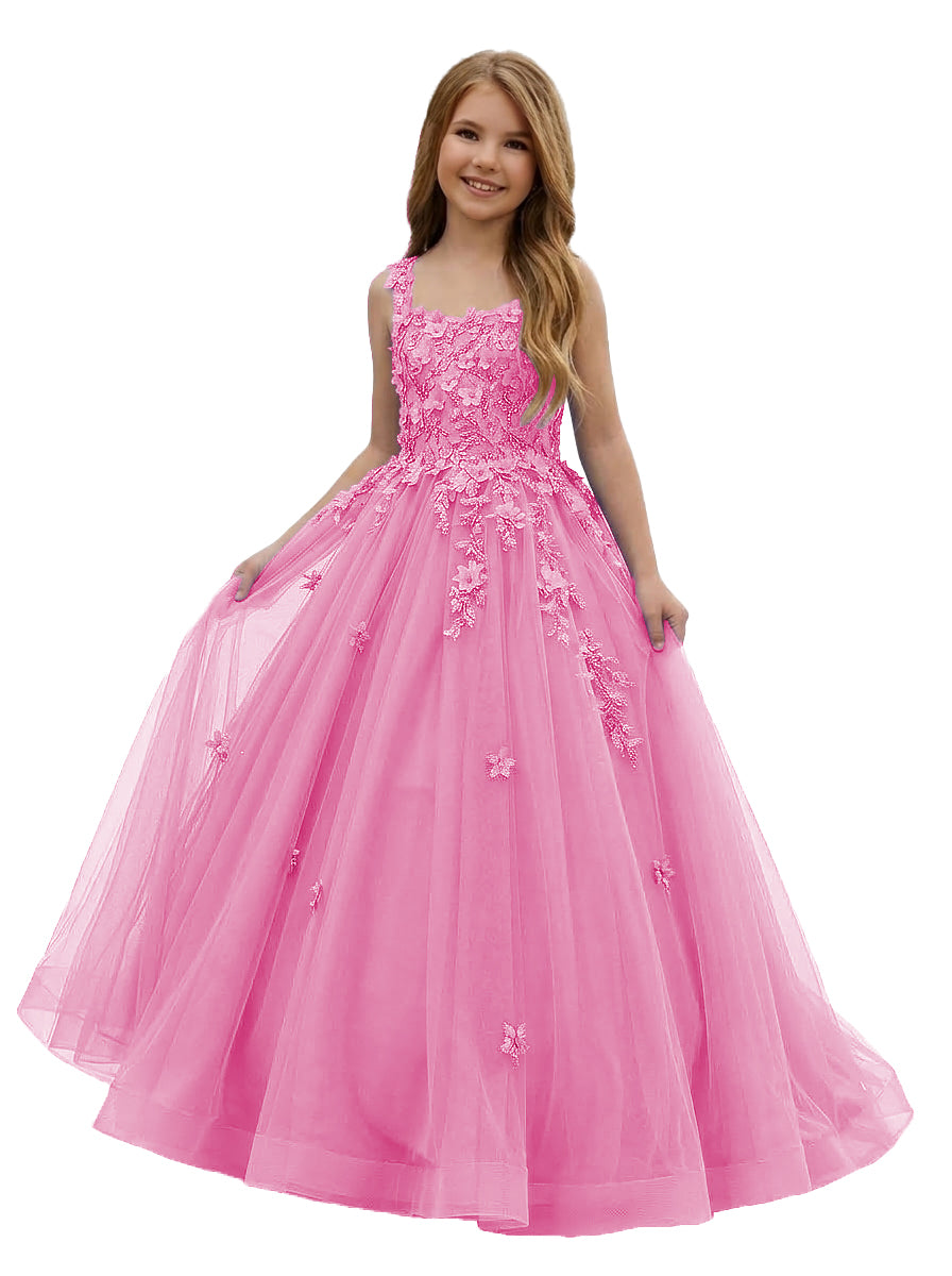 Girwem GRPD10004 Hot Pink girls pageant dress with 3D floral appliques and tulle ball gown skirt
