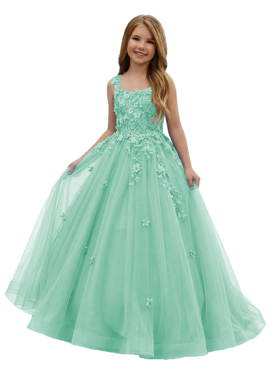 Girwem GRPD10004 Mint Green girls pageant dress with 3D floral appliques and tulle ball gown skirt