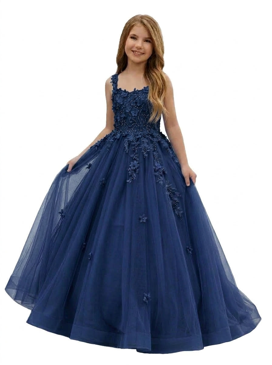 Girwem GRPD10004 Navy Blue girls pageant dress with 3D floral appliques and tulle ball gown skirt