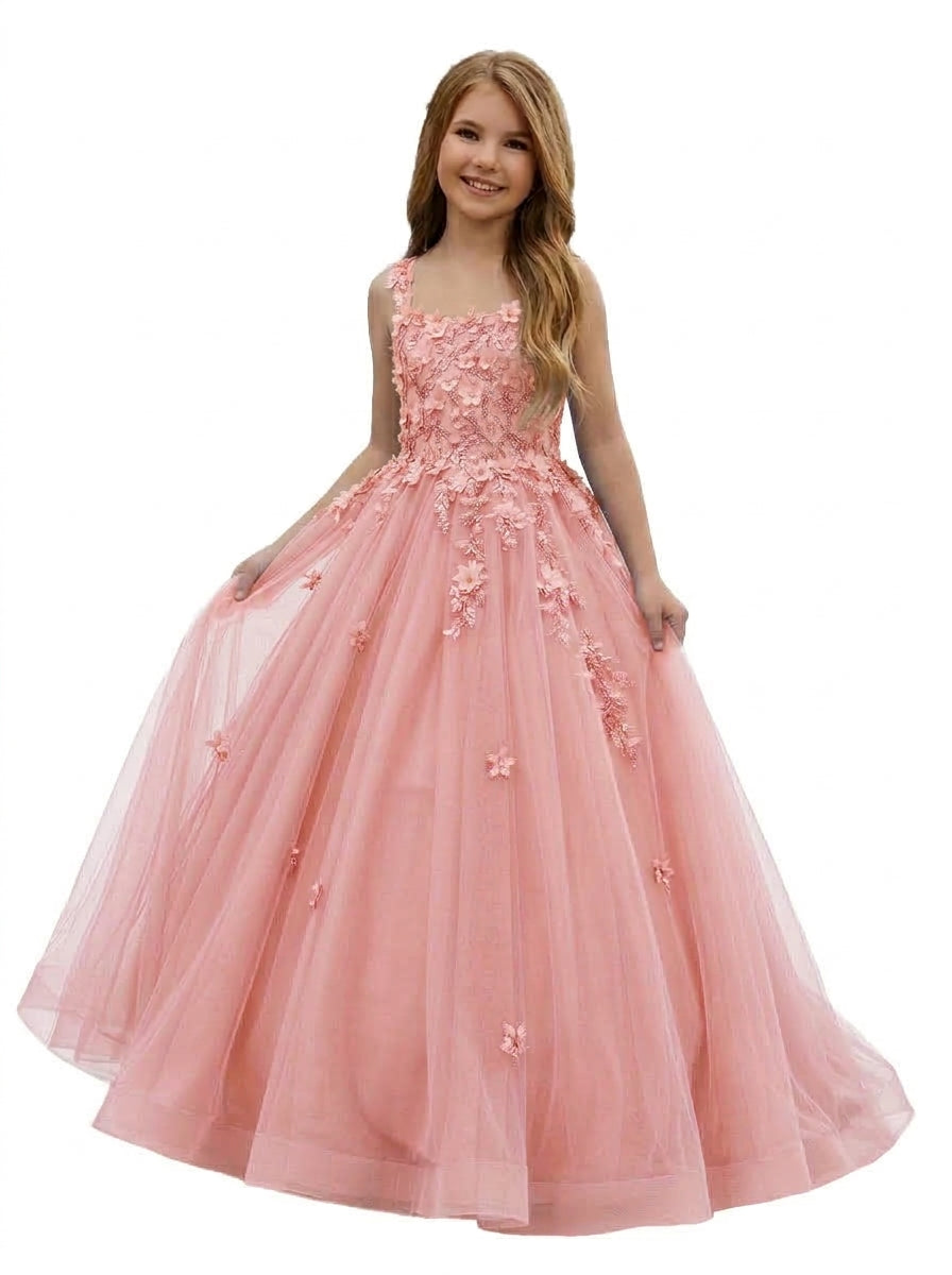 Girwem GRPD10004 Peach girls pageant dress with 3D floral appliques and tulle ball gown skirt - view 01