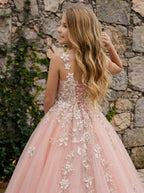 Girwem GRPD10004 Peach girls pageant dress with 3D floral appliques and tulle ball gown skirt - view 02