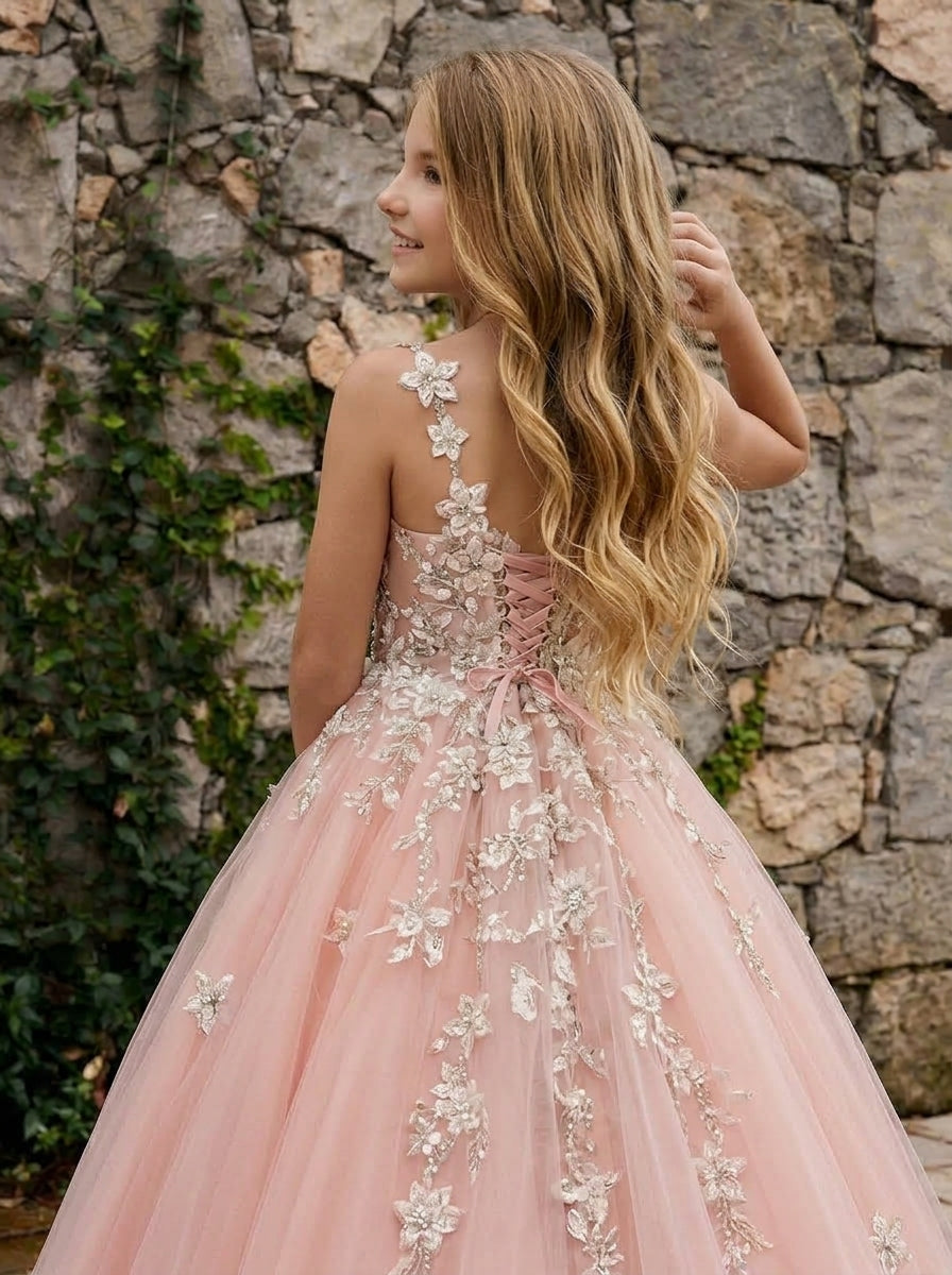 Girwem GRPD10004 Peach girls pageant dress with 3D floral appliques and tulle ball gown skirt - view 02