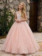 Girwem GRPD10004 Peach girls pageant dress with 3D floral appliques and tulle ball gown skirt - view 03