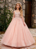 Girwem GRPD10004 Peach girls pageant dress with 3D floral appliques and tulle ball gown skirt - view 04