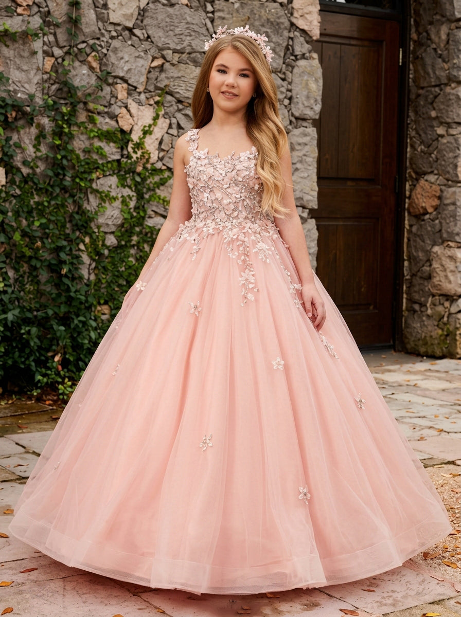 Girwem GRPD10004 Peach girls pageant dress with 3D floral appliques and tulle ball gown skirt - view 04