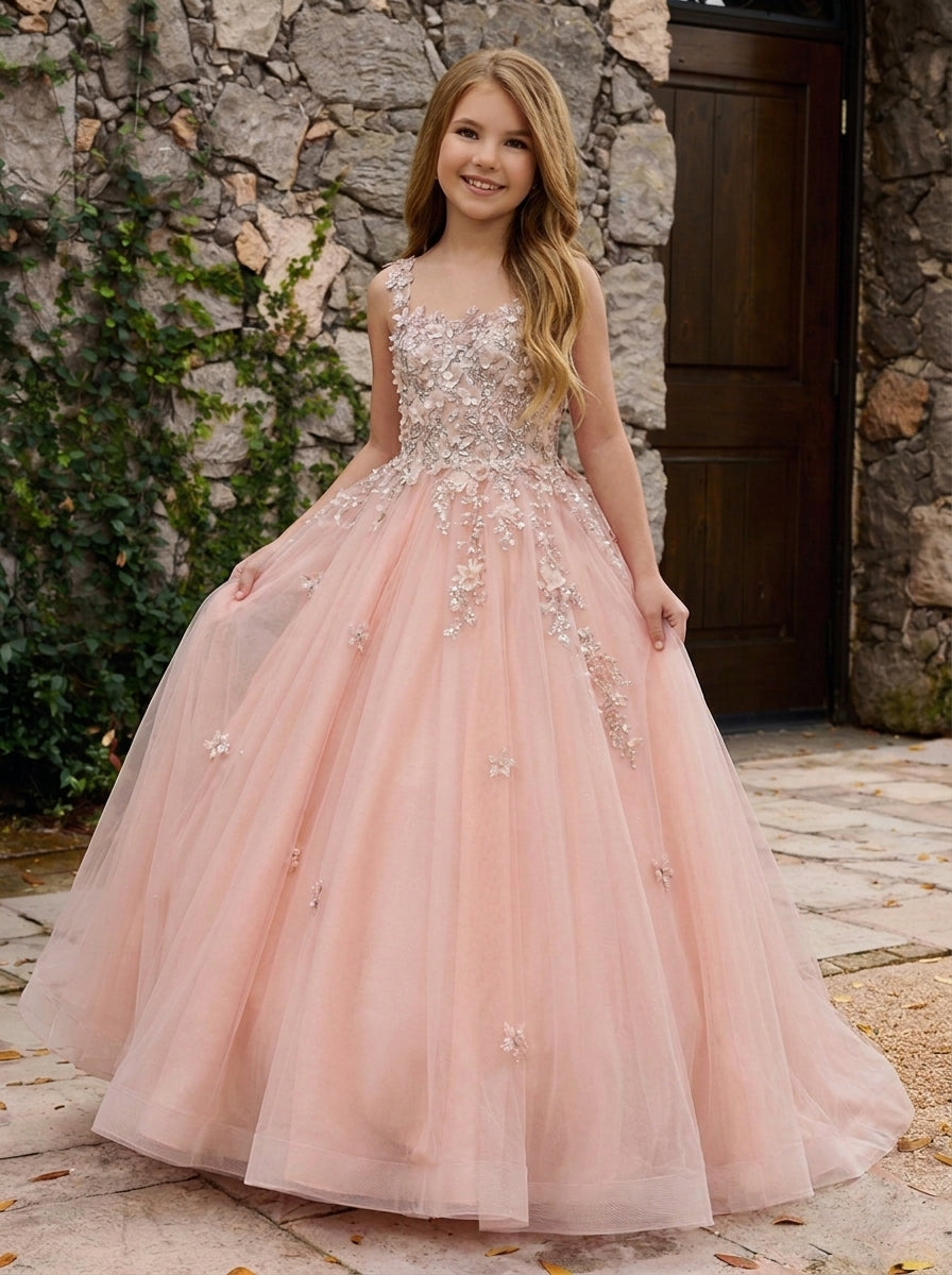 Girwem GRPD10004 Peach girls pageant dress with 3D floral appliques and tulle ball gown skirt - view 05