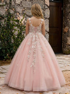 Girwem GRPD10004 Peach girls pageant dress with 3D floral appliques and tulle ball gown skirt - view 07