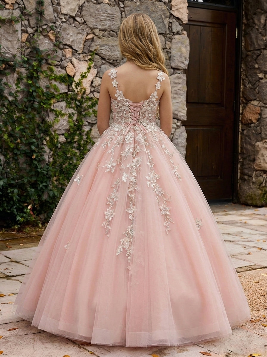 Girwem GRPD10004 Peach girls pageant dress with 3D floral appliques and tulle ball gown skirt - view 07