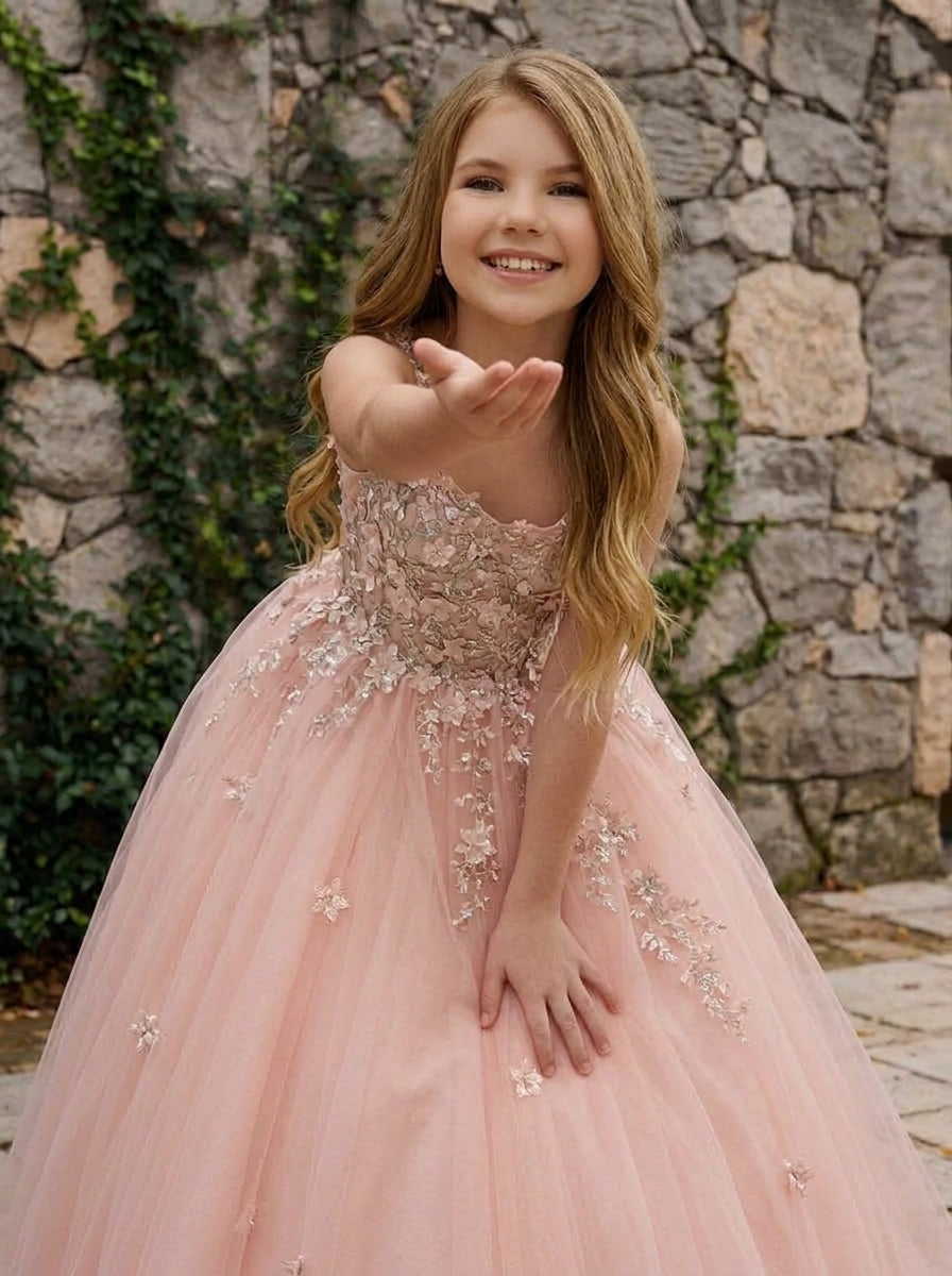 Girwem GRPD10004 Peach girls pageant dress with 3D floral appliques and tulle ball gown skirt - view 08
