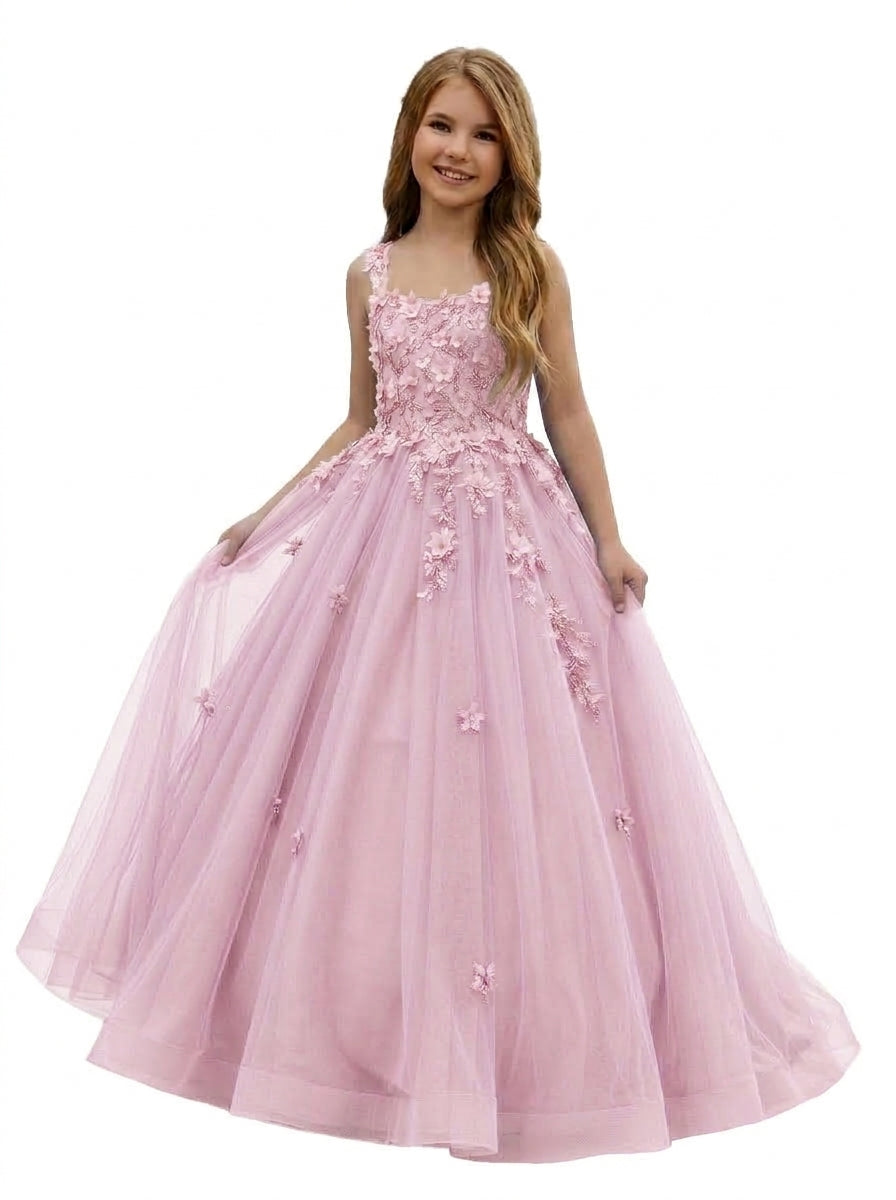 Girwem GRPD10004 Pink girls pageant dress with 3D floral appliques and tulle ball gown skirt