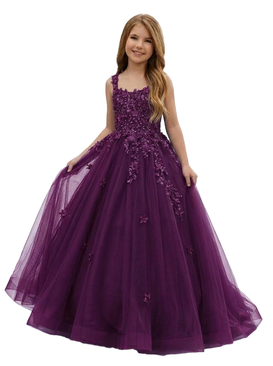 Girwem GRPD10004 Plum girls pageant dress with 3D floral appliques and tulle ball gown skirt