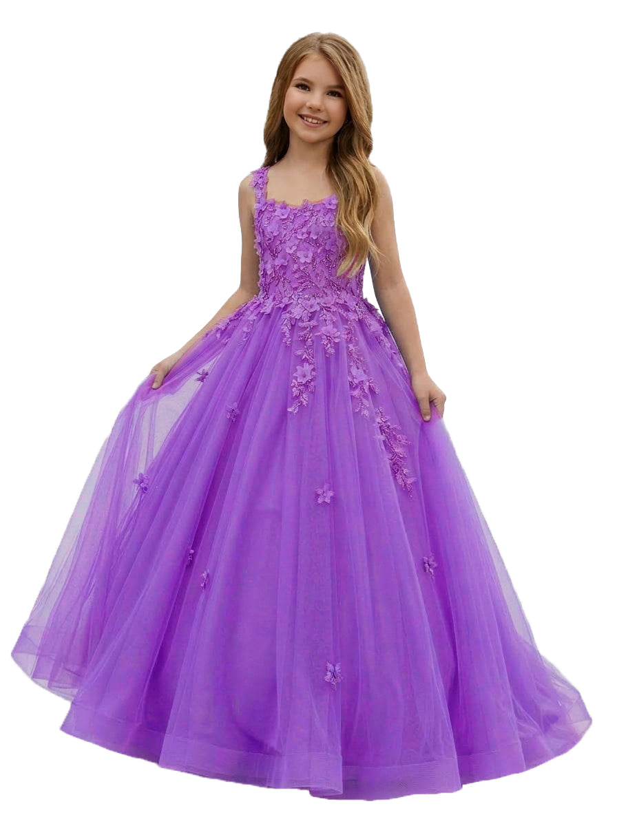 Girwem GRPD10004 Purple girls pageant dress with 3D floral appliques and tulle ball gown skirt