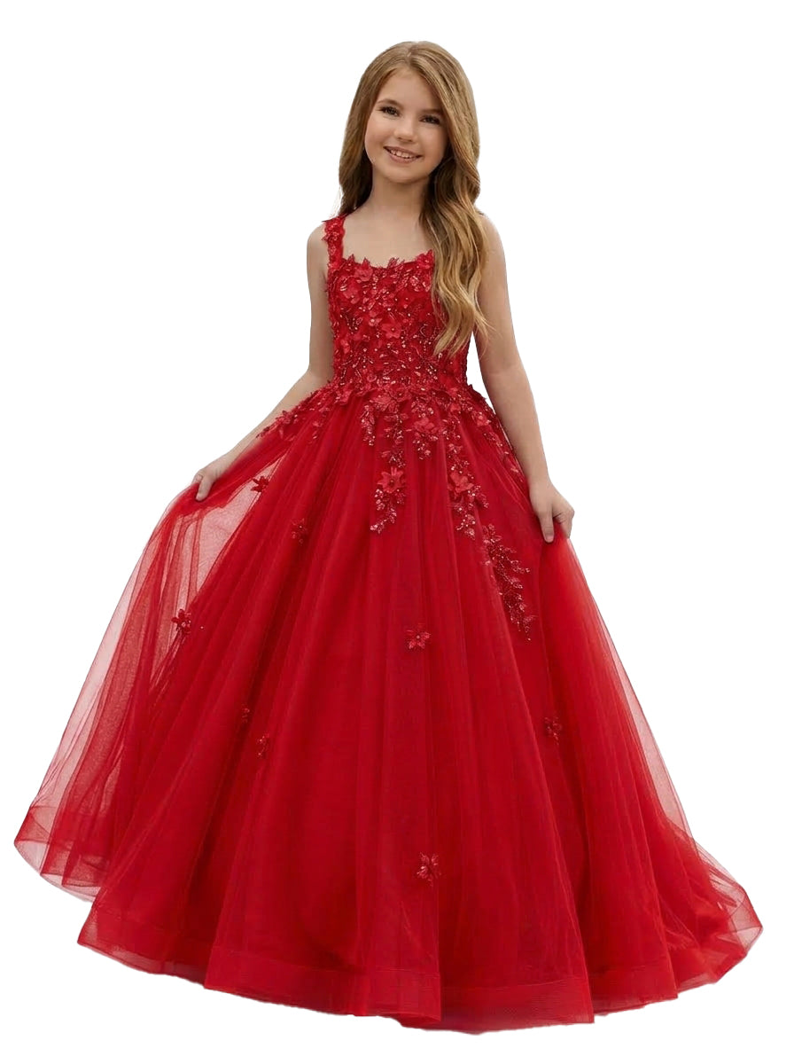 Girwem GRPD10004 Red girls pageant dress with 3D floral appliques and tulle ball gown skirt