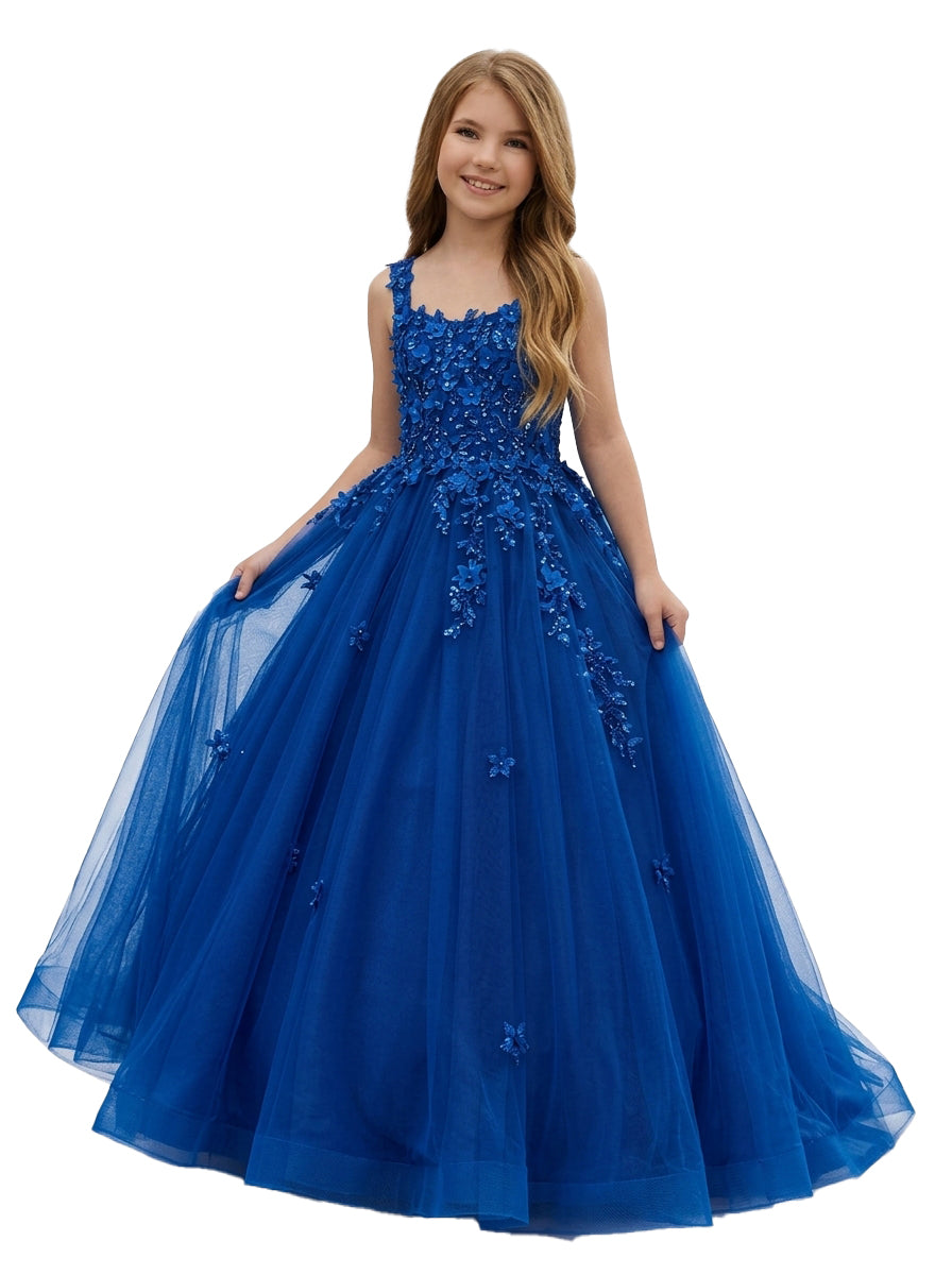Girwem GRPD10004 Royal Blue girls pageant dress with 3D floral appliques and tulle ball gown skirt