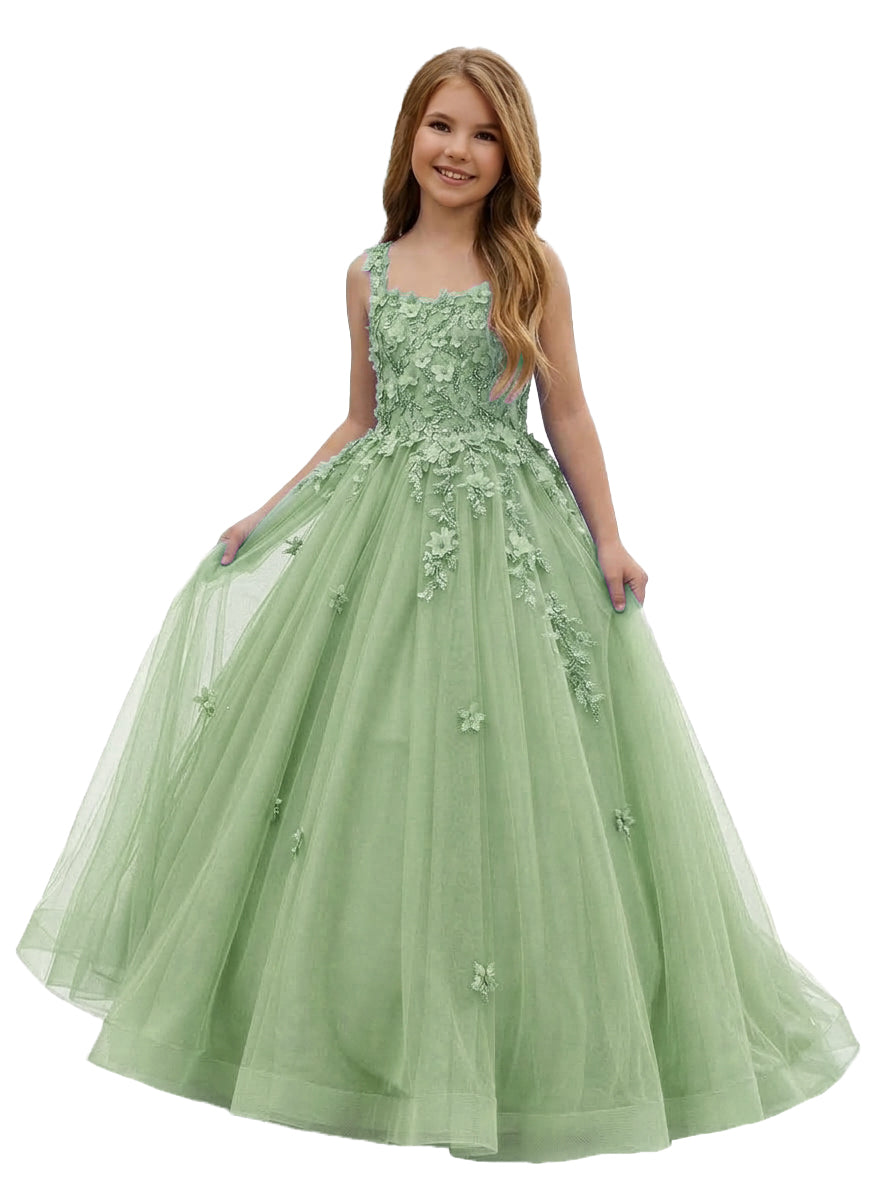 Girwem GRPD10004 Sage Green girls pageant dress with 3D floral appliques and tulle ball gown skirt