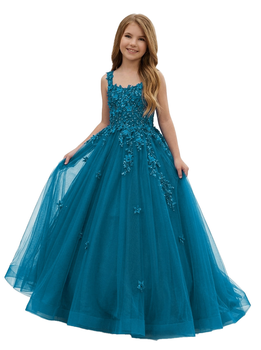 Girwem GRPD10004 Teal girls pageant dress with 3D floral appliques and tulle ball gown skirt
