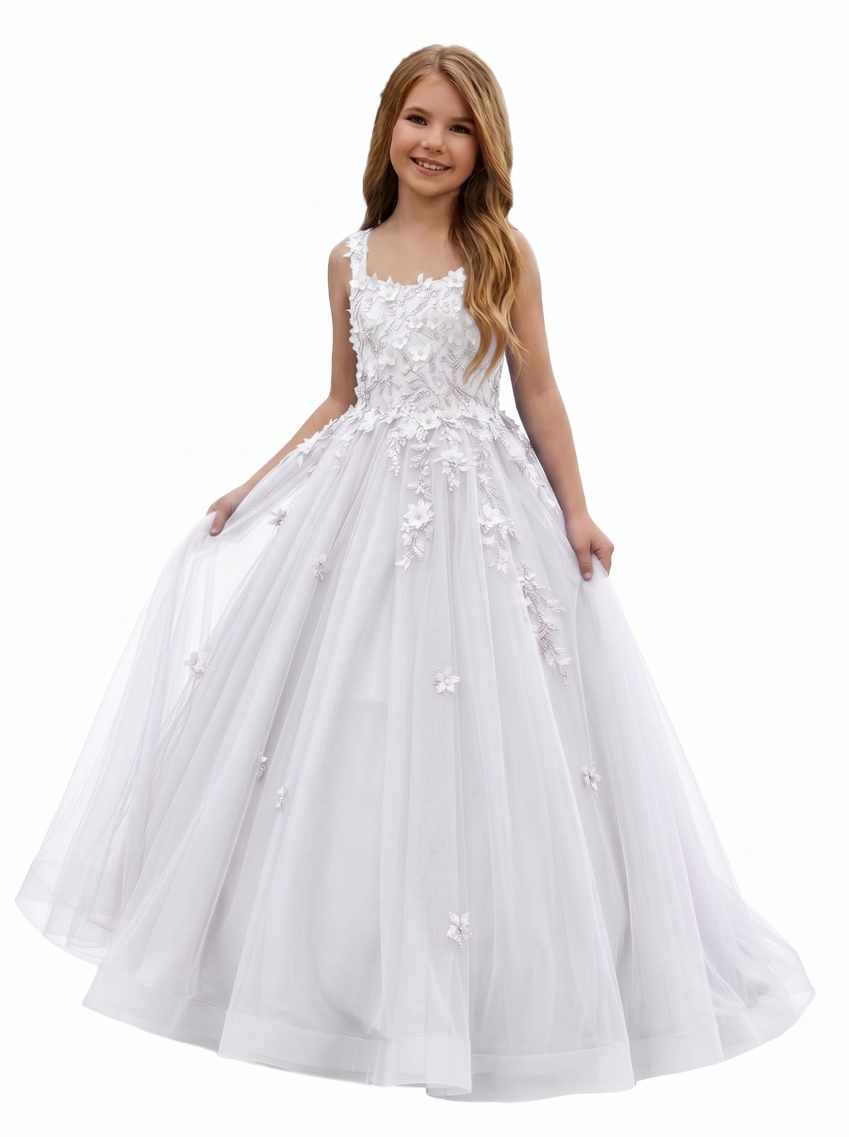 Girwem GRPD10004 White girls pageant dress with 3D floral appliques and tulle ball gown skirt
