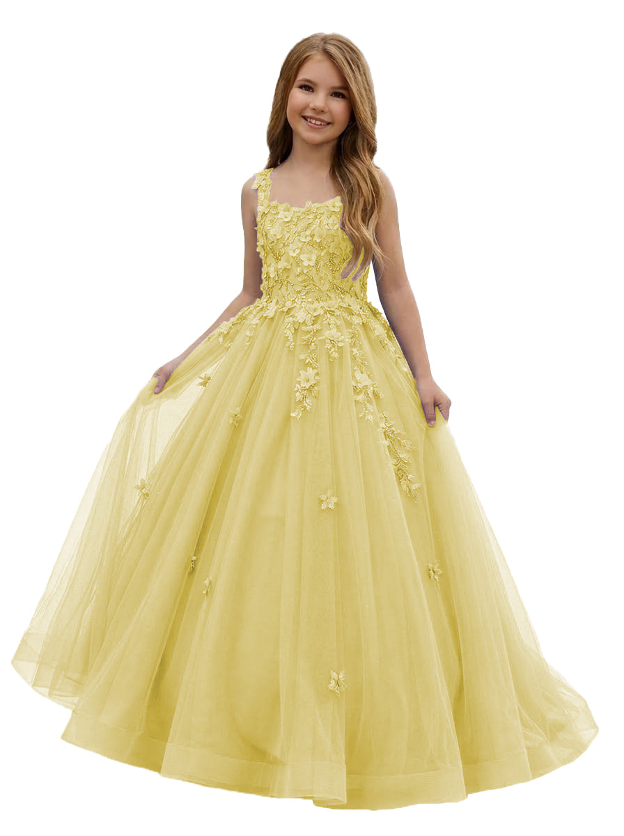 Girwem GRPD10004 Yellow girls pageant dress with 3D floral appliques and tulle ball gown skirt