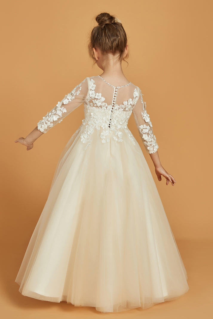 Back view of ivory 3/4 sleeve lace appliques flower girl dress - Girwem GRFL1002